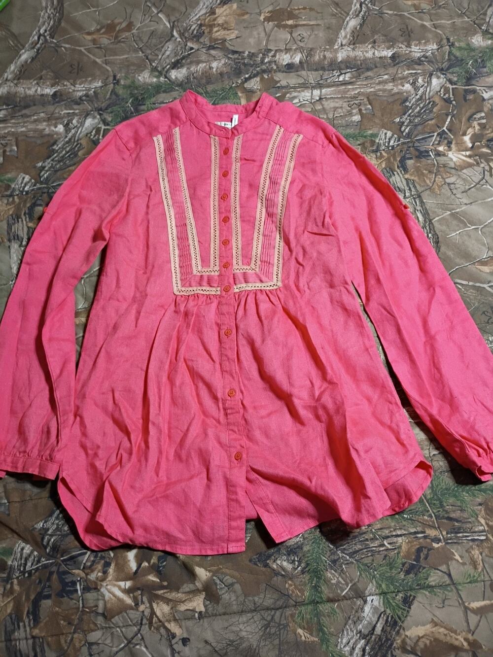 Tyler Boe Pink Salmon 100% Linen Boho Lace Pintuck Tunic Blouse Top Size 4 Boho